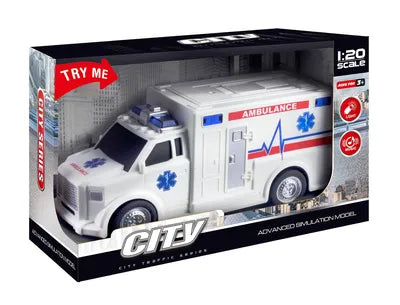 Mini-Camion Ambulance 1 :20 – Musique, lumières & Friction pour Enfants