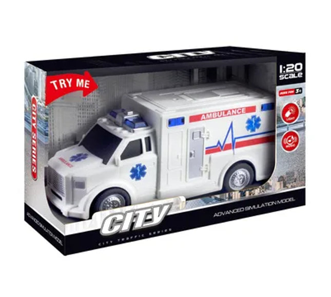 Mini-Camion Ambulance 1 :20 – Musique, lumières & Friction pour Enfants