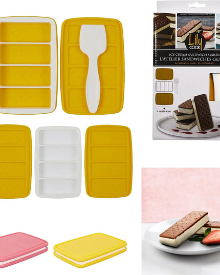 Kit pâtisserie en silicone pour réaliser facilement 4 sandwichs glacés maison : moules en silicone, spatule incluse, instructions simples. Création gourmande et ludique.
