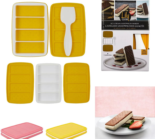 Kit pâtisserie en silicone pour réaliser facilement 4 sandwichs glacés maison : moules en silicone, spatule incluse, instructions simples. Création gourmande et ludique.