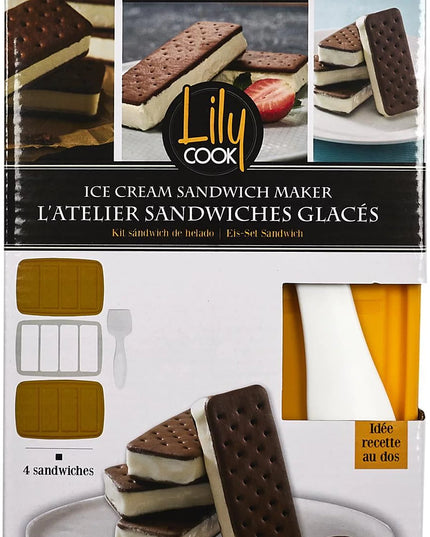 Kit pâtisserie en silicone pour réaliser facilement 4 sandwichs glacés maison : moules en silicone, spatule incluse, instructions simples. Création gourmande et ludique.