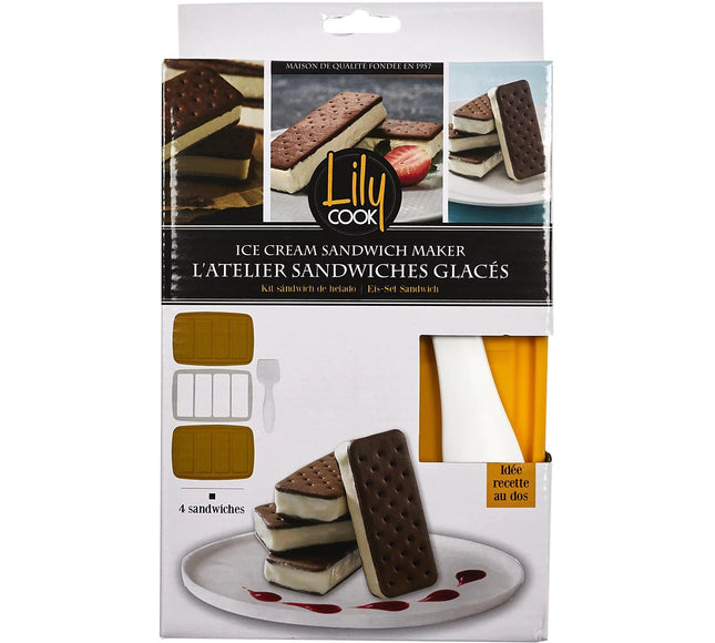 Kit pâtisserie en silicone pour réaliser facilement 4 sandwichs glacés maison : moules en silicone, spatule incluse, instructions simples. Création gourmande et ludique.