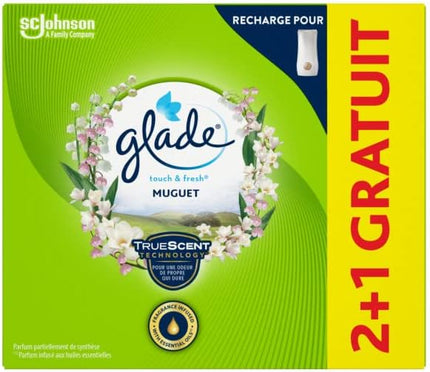 Glade Touch et Fresh Recharges 2et1 Gratuit - Fraicheur Instantanée - Elimine Les Odeurs - Infusé Aux Huiles Essentielles - Muguet - 3 Recharges