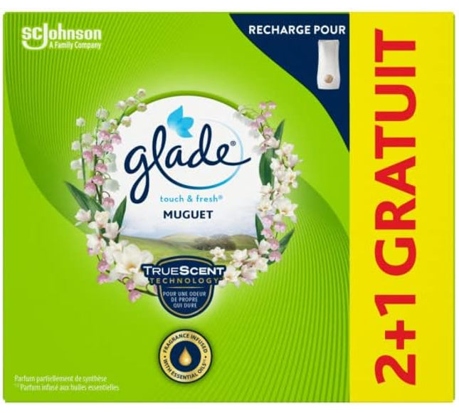 Glade Touch et Fresh Recharges 2et1 Gratuit - Fraicheur Instantanée - Elimine Les Odeurs - Infusé Aux Huiles Essentielles - Muguet - 3 Recharges
