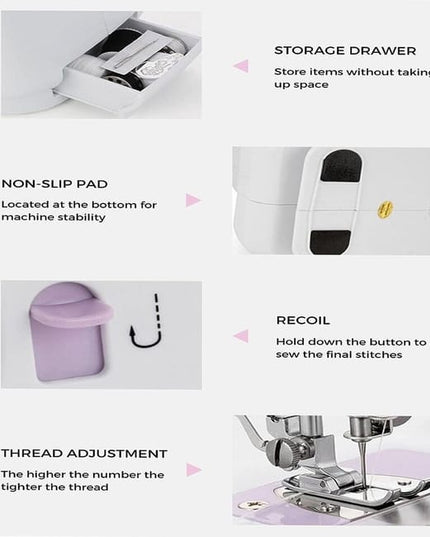 MACHINE À COUDRE PORTABLE AVEC PÉDALE À 2 VITESSES ET 12 POINTS DE COUTURE YASM-505A